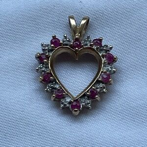 10K Yellow Gold Open Heart Pendant, 10‎ Rubies, Few Diamonds, Vintage Estate